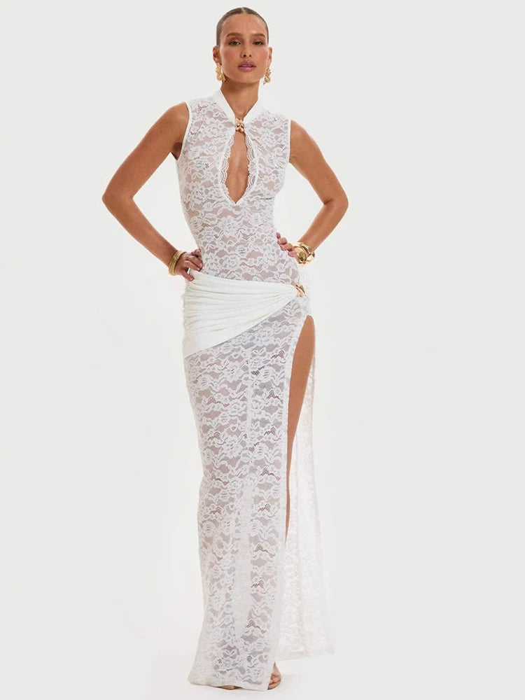 Robe longue dentelle noire transparente